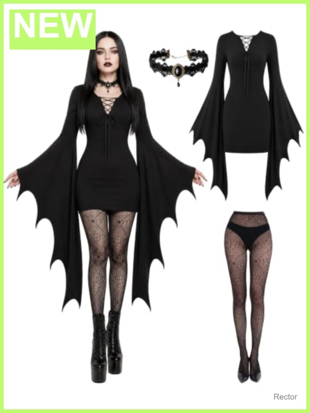 Gothic Witch Halloween Costume Set with Dress Necklace Tights